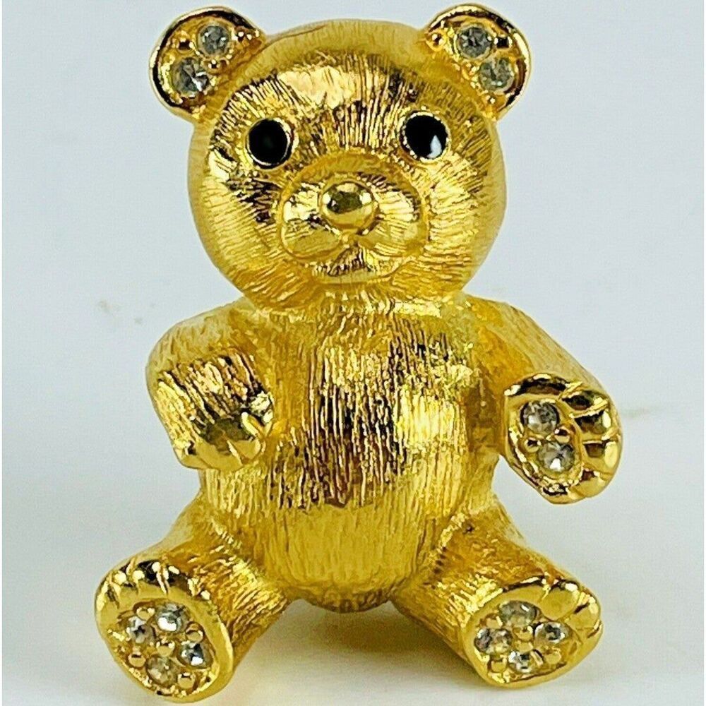 Lee Sands Teddy Bear Brooch Pin 1990s Vintage Rhinestone Paws 1.5 in Gold Tone